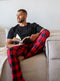 Men Summer Pajama Set Black T-shirt +Black X Red Checkered Pants